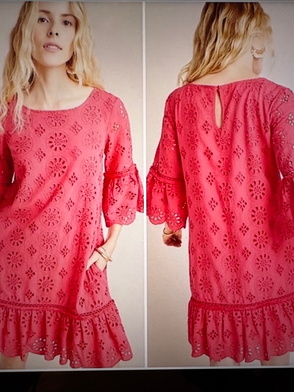 Anthropologie Coral Eyelet Ruffle Hem Tunic Dress